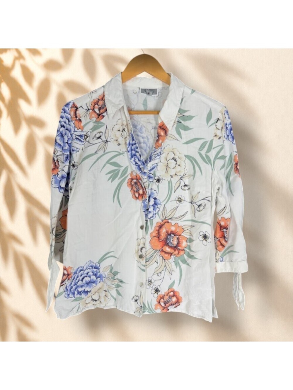 JM Collection Shirt Women 10 White Floral Button Up Linen Collared 3/4 Sleeve